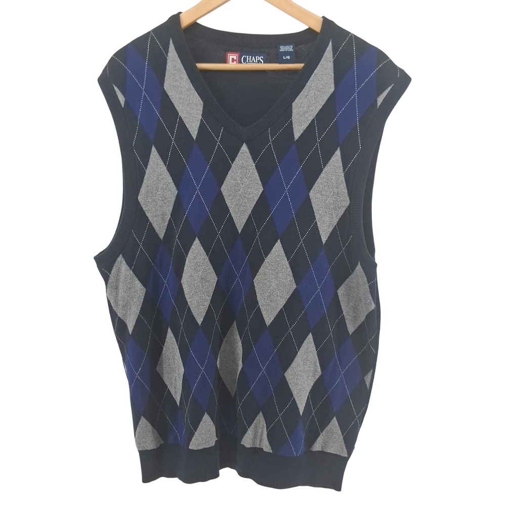 Chaps Mens Sweater Vest‎ Sz L Argyle Knit Golf Grandpacore Preppy Dark Academia